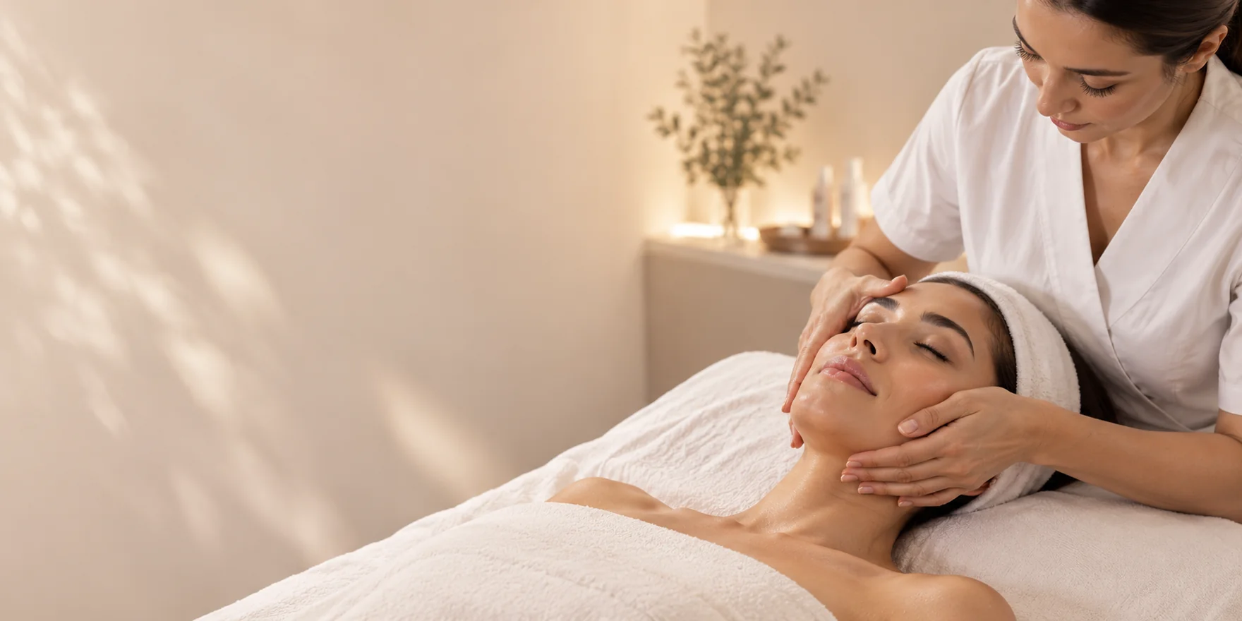 Terapeuta con manos descubiertas aplicando masaje facial a paciente con banda blanca en Sakura